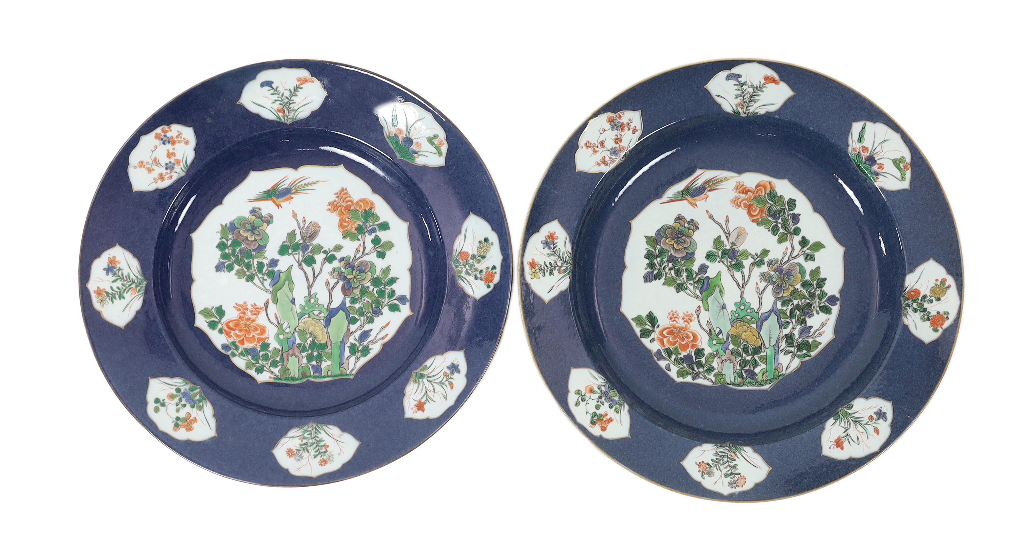 A near pair of Samson famille verte powder blue dishes in Chinese export style, one with some restoration